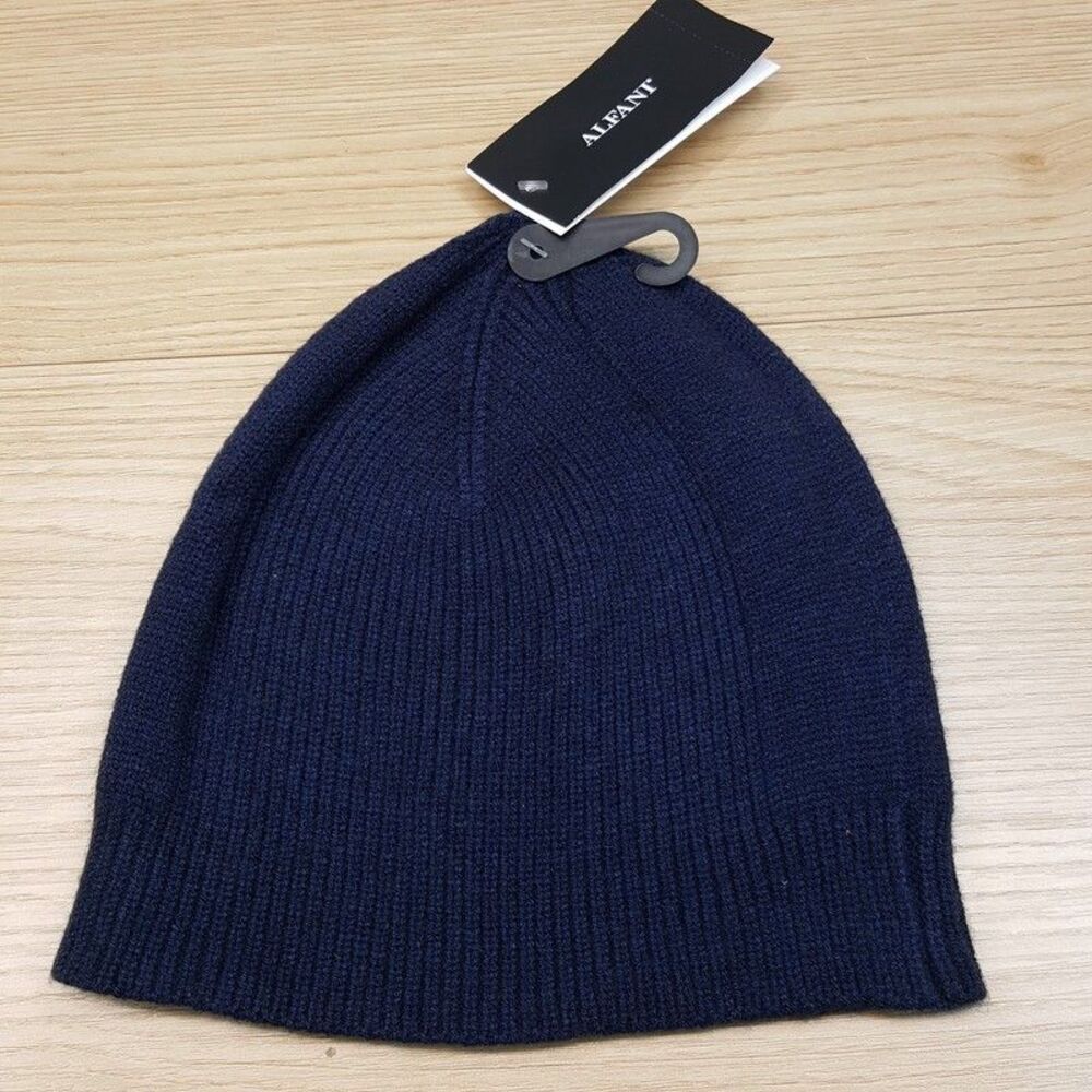 ALFANI Mens Beanie Hat Navy Blue Stretch Knit Winter Casual $40